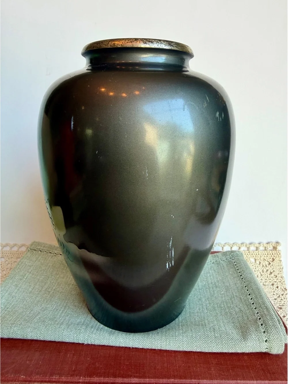 Vintage Japanese Metal Vase Cranes Herons Etched Waves Made in Japan 8.5